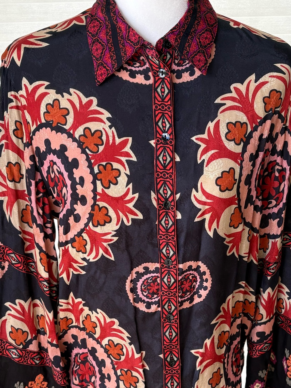 NWOT Zara Boho Black Floral Button-Up Shirt Blouse with Red and Orange Pattern - Picture 4 of 14